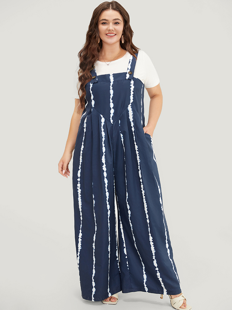 

Plus Size DarkBlue Tie Dye Pocket Pleated Detail Overall Jumpsuit Women Vacation Sleeveless Spaghetti Strap Dailywear Loose Jumpsuits BloomChic