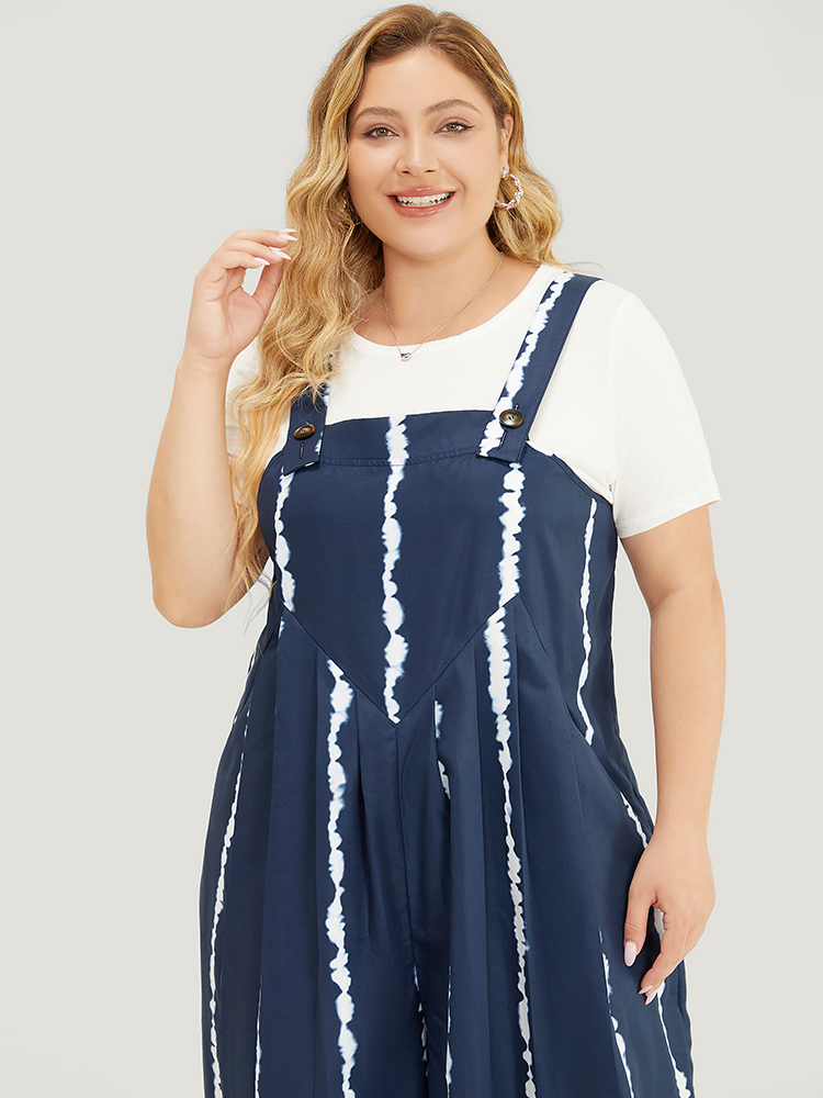 

Plus Size DarkBlue Tie Dye Pocket Pleated Detail Overall Jumpsuit Women Vacation Sleeveless Spaghetti Strap Dailywear Loose Jumpsuits BloomChic