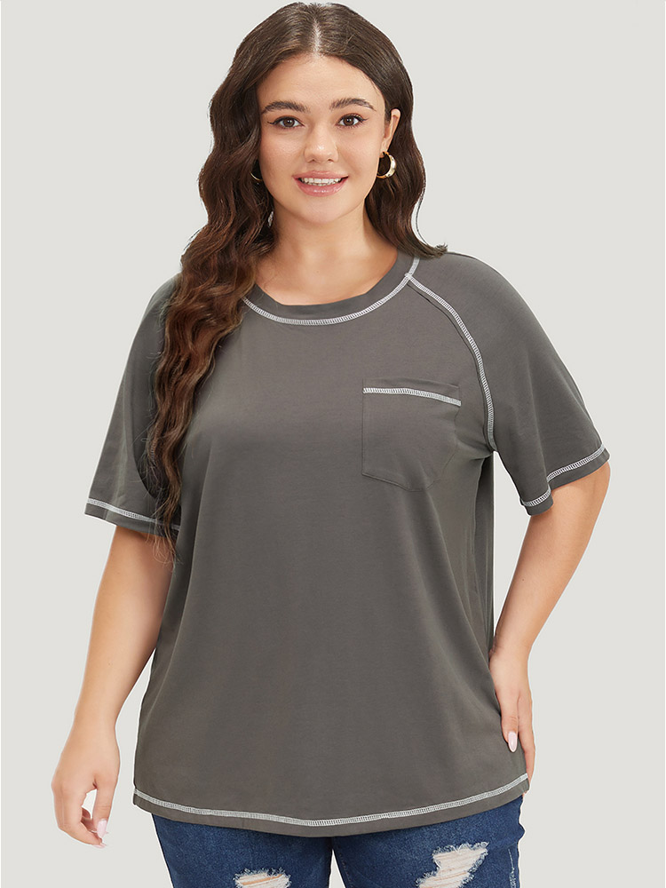 Plus Size Women Dailywear Plain Stitch Raglan sleeve Short sleeve Round Neck Casual T-shirts BloomChic 