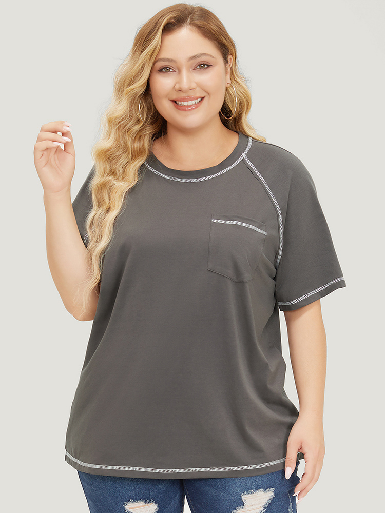 Plus Size Women Dailywear Plain Stitch Raglan sleeve Short sleeve Round Neck Casual T-shirts BloomChic 