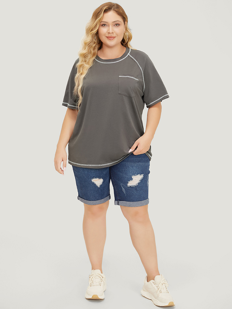 Plus Size Women Dailywear Plain Stitch Raglan sleeve Short sleeve Round Neck Casual T-shirts BloomChic 