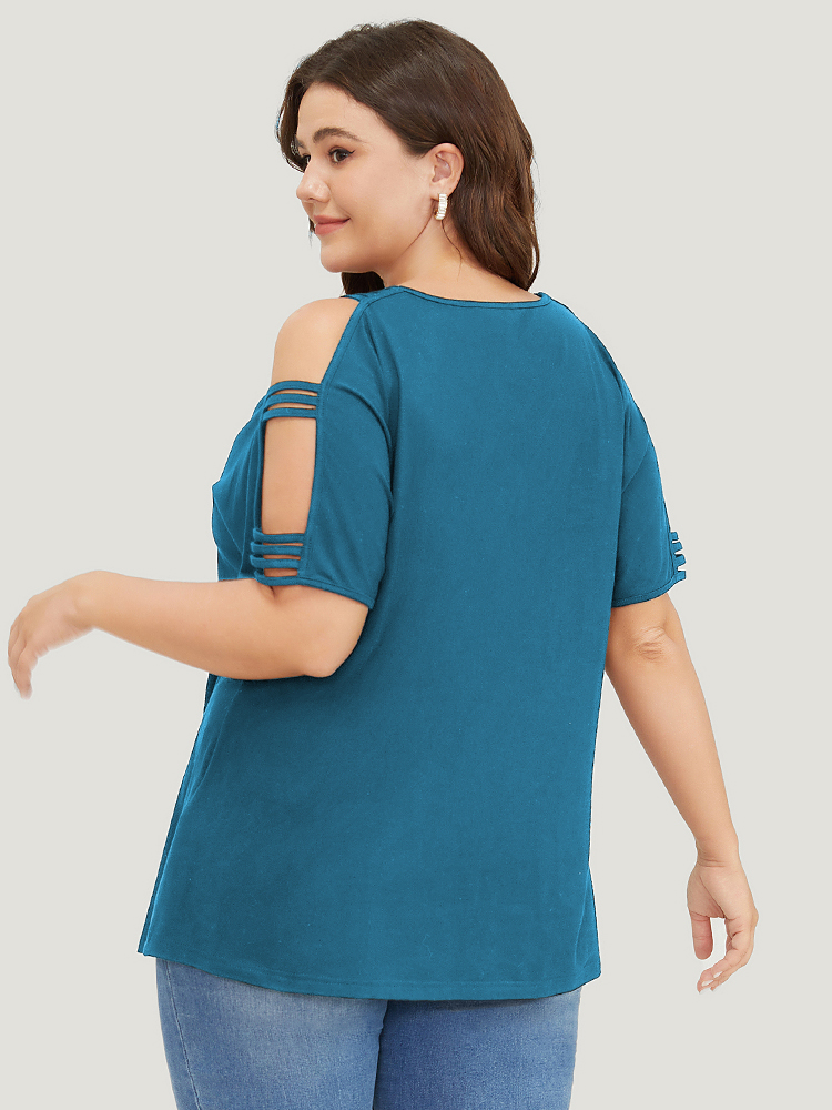 

Plus Size Solid Cut Out Batwing Sleeve T-shirt Cerulean Women Resort Cut-Out Plain V-neck Vacation T-shirts BloomChic