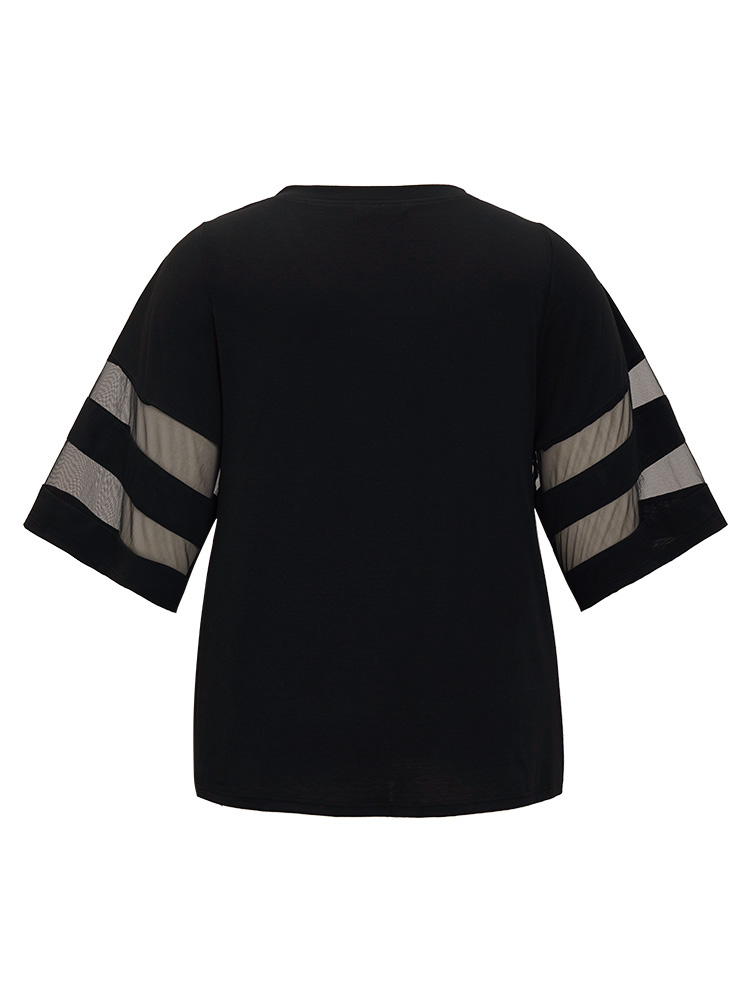 

Plus Size Solid Mesh Patchwork V Neck T-shirt Black V-neck Elbow-length sleeve Elegant Jersey Tops
