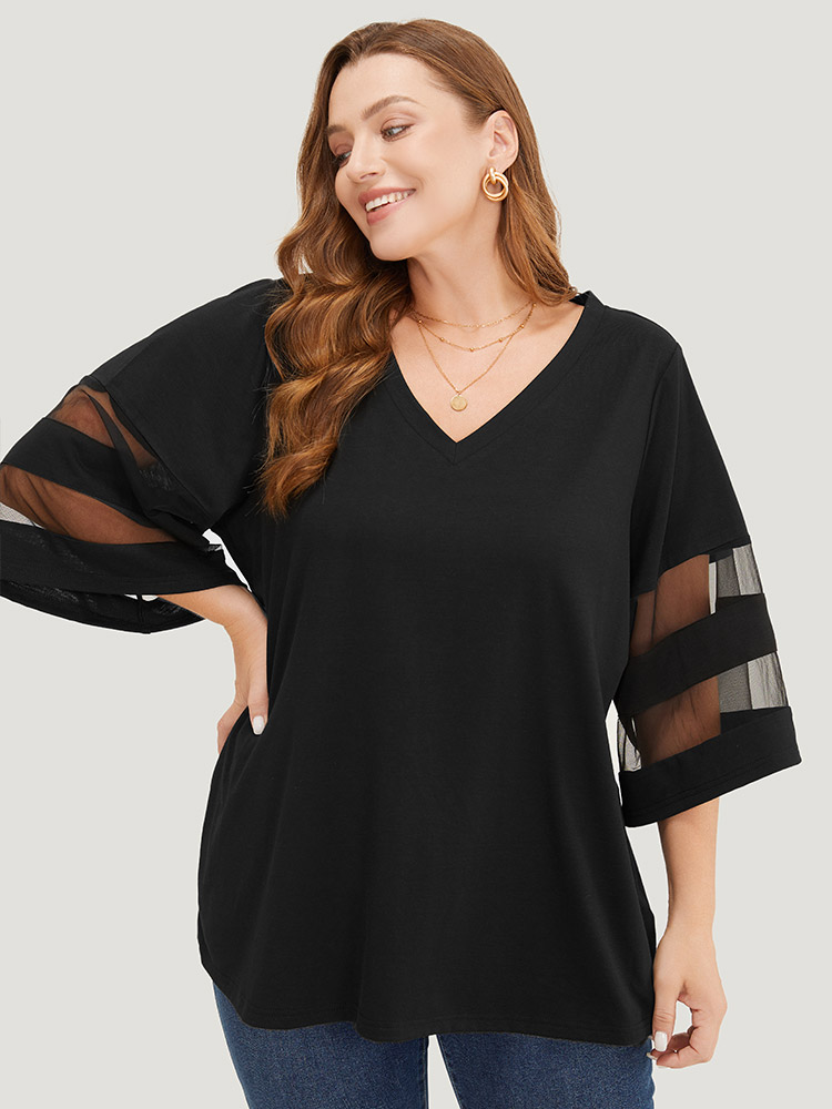 Plus Size Women Dailywear Plain See through Bell Sleeve Elbow-length sleeve V-neck Elegant T-shirts BloomChic 
