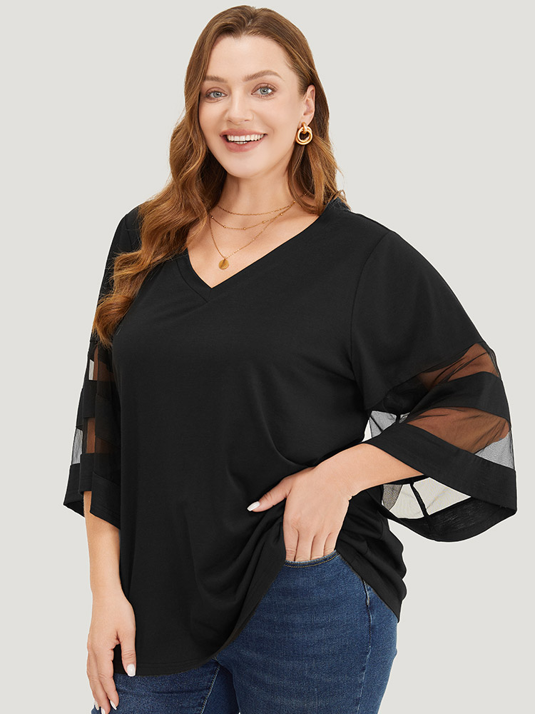 Plus Size Women Dailywear Plain See through Bell Sleeve Elbow-length sleeve V-neck Elegant T-shirts BloomChic 