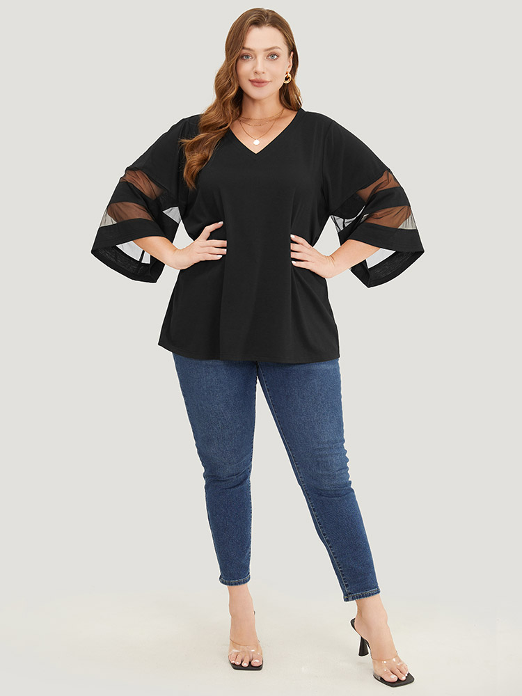 Plus Size Women Dailywear Plain See through Bell Sleeve Elbow-length sleeve V-neck Elegant T-shirts BloomChic 
