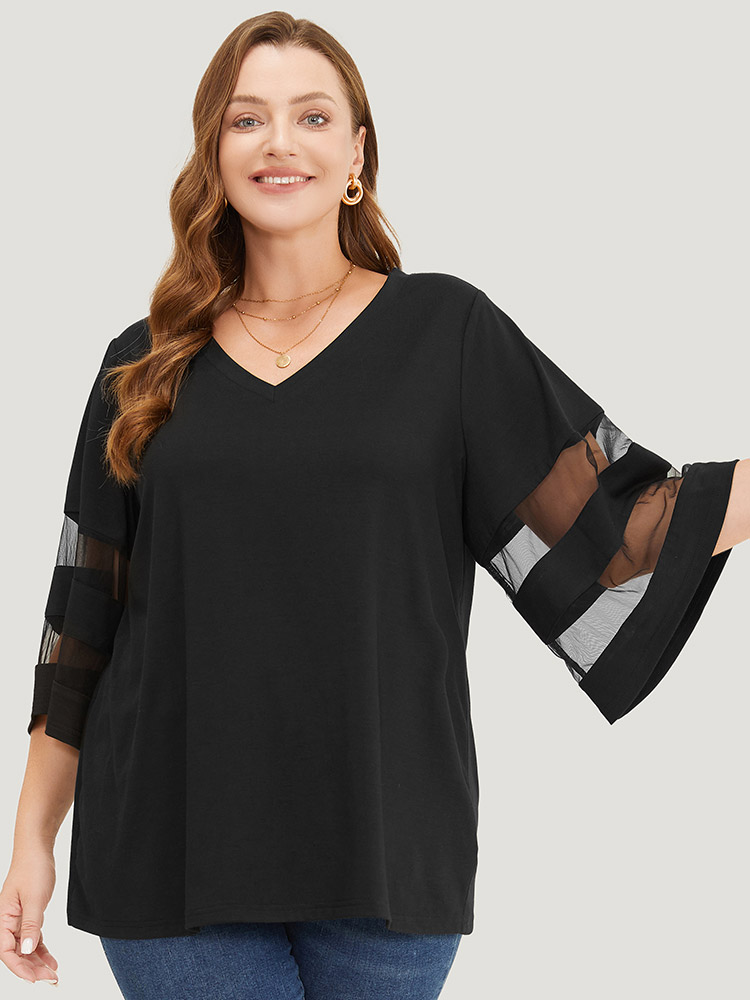 Plus Size Women Dailywear Plain See through Bell Sleeve Elbow-length sleeve V-neck Elegant T-shirts BloomChic 