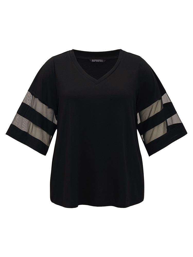 Plus Size Women Dailywear Plain See through Bell Sleeve Elbow-length sleeve V-neck Elegant T-shirts BloomChic 