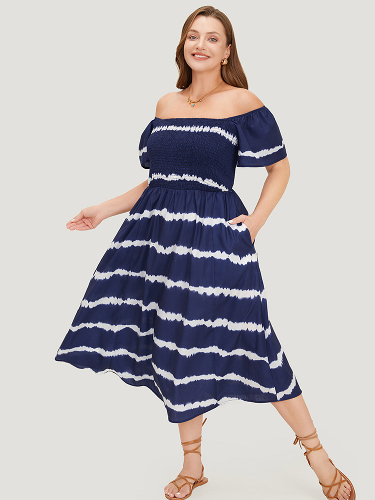 

Plus Size Tie Dye Ruffles Pocket Shirred Striped Off Shoulder Dress DarkBlue Women Vacation Shirred One-shoulder neck Short sleeve Curvy Midi Dress BloomChic