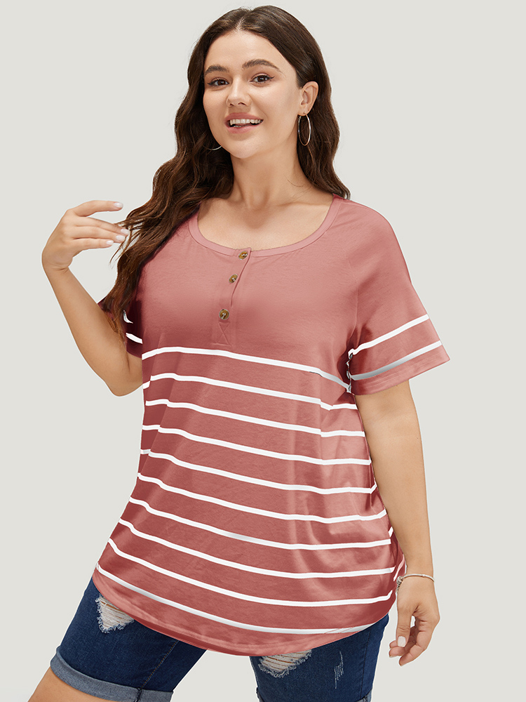 

Plus Size Striped Print Raglan Sleeve Button Up T-shirt Rouge Women Casual Contrast Striped Round Neck Everyday T-shirts BloomChic