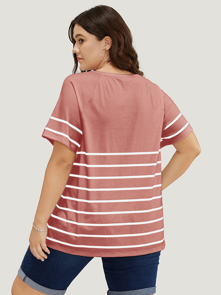 

Plus Size Striped Print Raglan Sleeve Button Up T-shirt Rouge Women Casual Contrast Striped Round Neck Everyday T-shirts BloomChic