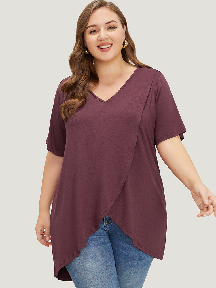 

Plus Size Plain V Neck Wrap High Low Hem T-shirt Burgundy V-neck Short sleeve Casual Jersey Tops