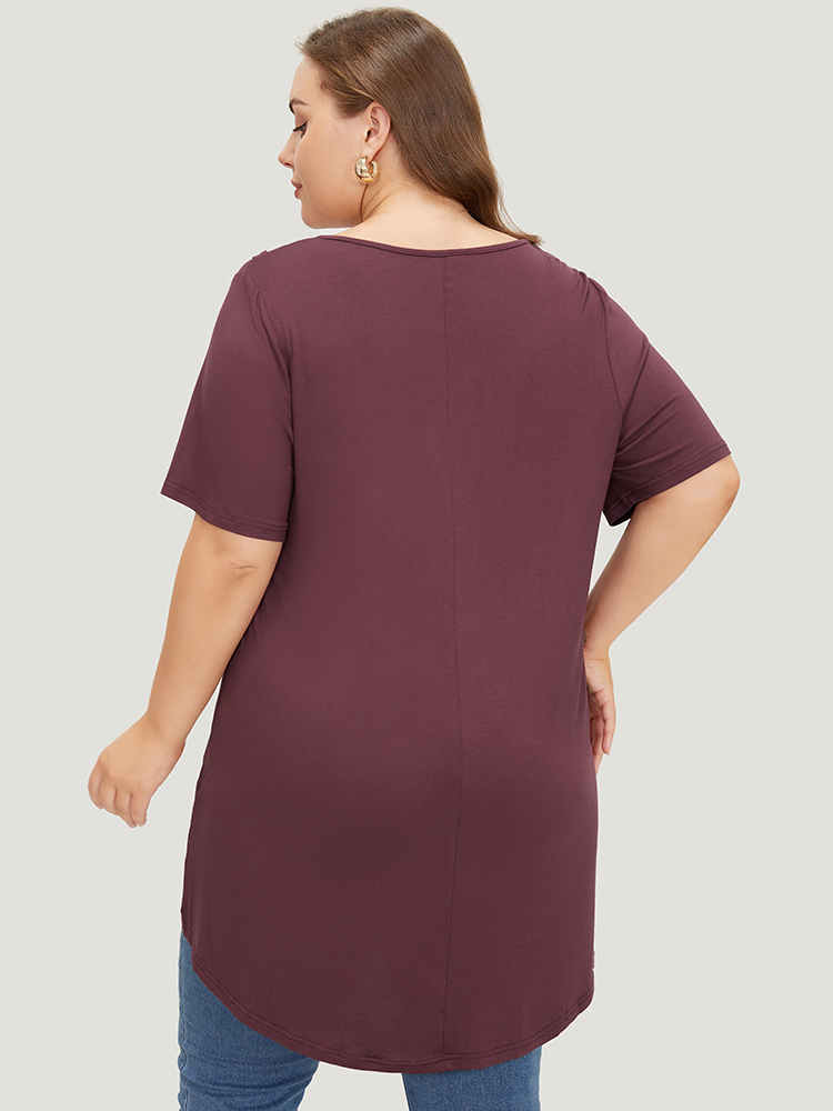 

Plus Size Plain V Neck Wrap High Low Hem T-shirt Burgundy V-neck Short sleeve Casual Jersey Tops