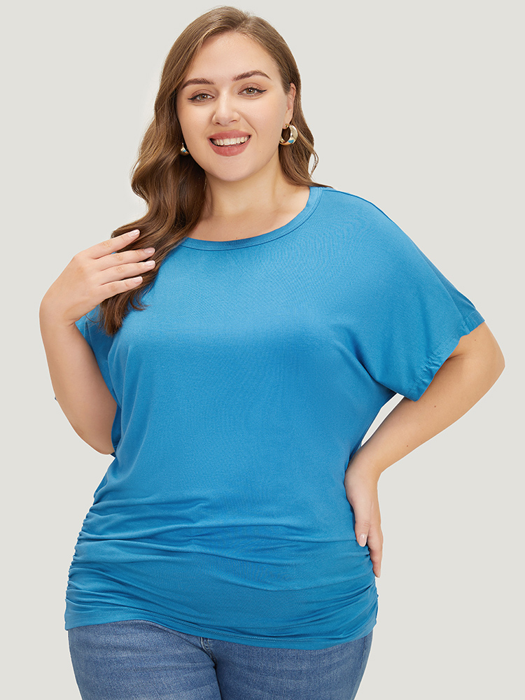 

Plus Size Solid Batwing Sleeve Ruched Hem T-shirt Cerulean Women Casual Ruched Plain Round Neck Dailywear T-shirts BloomChic