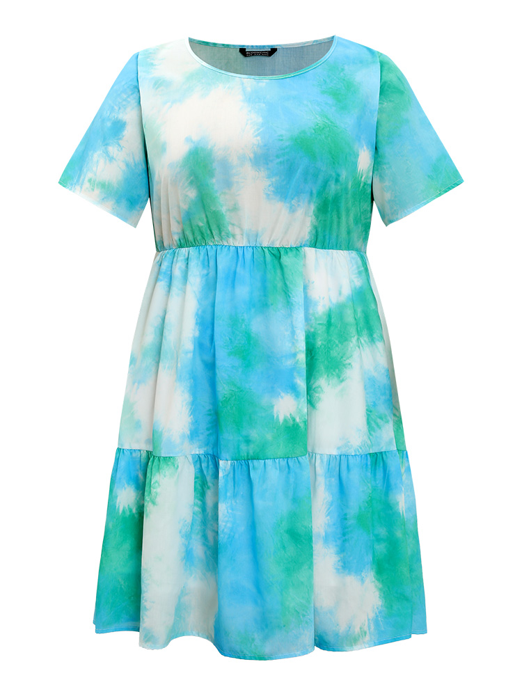 Plus Size Women Dailywear Tie Dye Tiered Regular Sleeve Short sleeve Round Neck Pocket Vacation Dresses BloomChic 