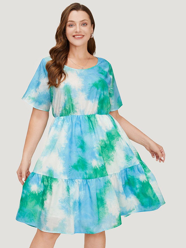 Plus Size Women Dailywear Tie Dye Tiered Regular Sleeve Short sleeve Round Neck Pocket Vacation Dresses BloomChic 