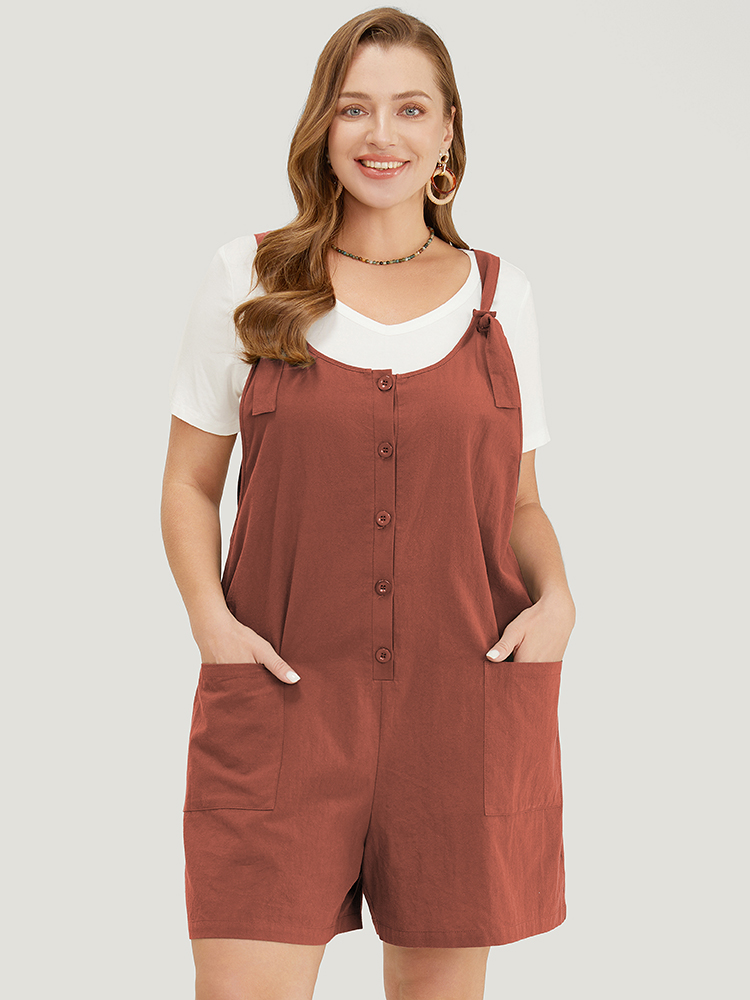 

Plus Size Rust Solid Pocket Button Detail Knot Shoulder Overall Romper Women Casual Sleeveless Tie Neck Dailywear Loose Jumpsuits BloomChic