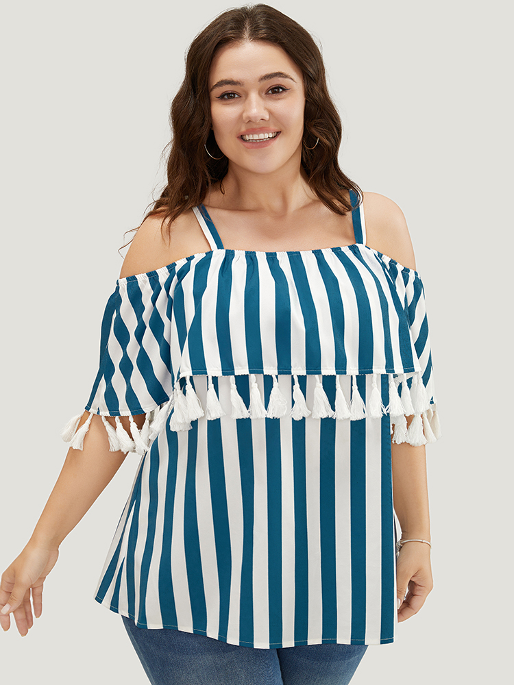 

Plus Size Aegean Striped Print Tassels Trim Cold Shoulder Blouse Women Vacation Sleeveless Cold Shoulder Dailywear Blouses BloomChic