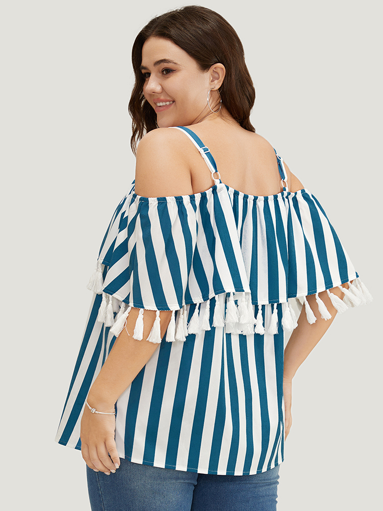 Plus Size Aegean Striped Print Tassels Trim Cold Shoulder Blouse Women Vacation Sleeveless Cold Shoulder Dailywear Blouses BloomChic 28/5X 