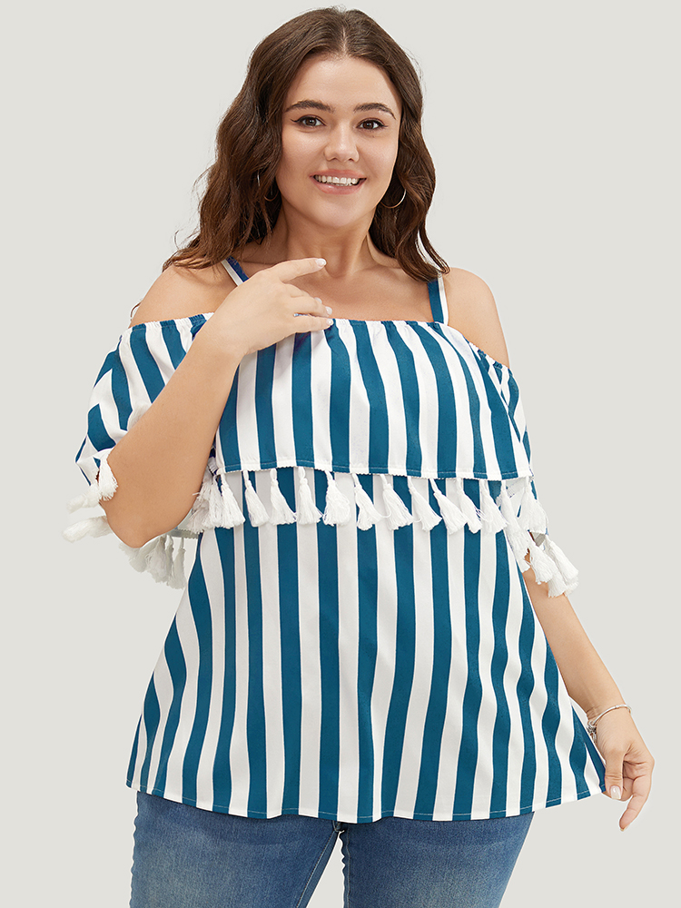 Plus Size Aegean Striped Print Tassels Trim Cold Shoulder Blouse Women Vacation Sleeveless Cold Shoulder Dailywear Blouses BloomChic 28/5X 