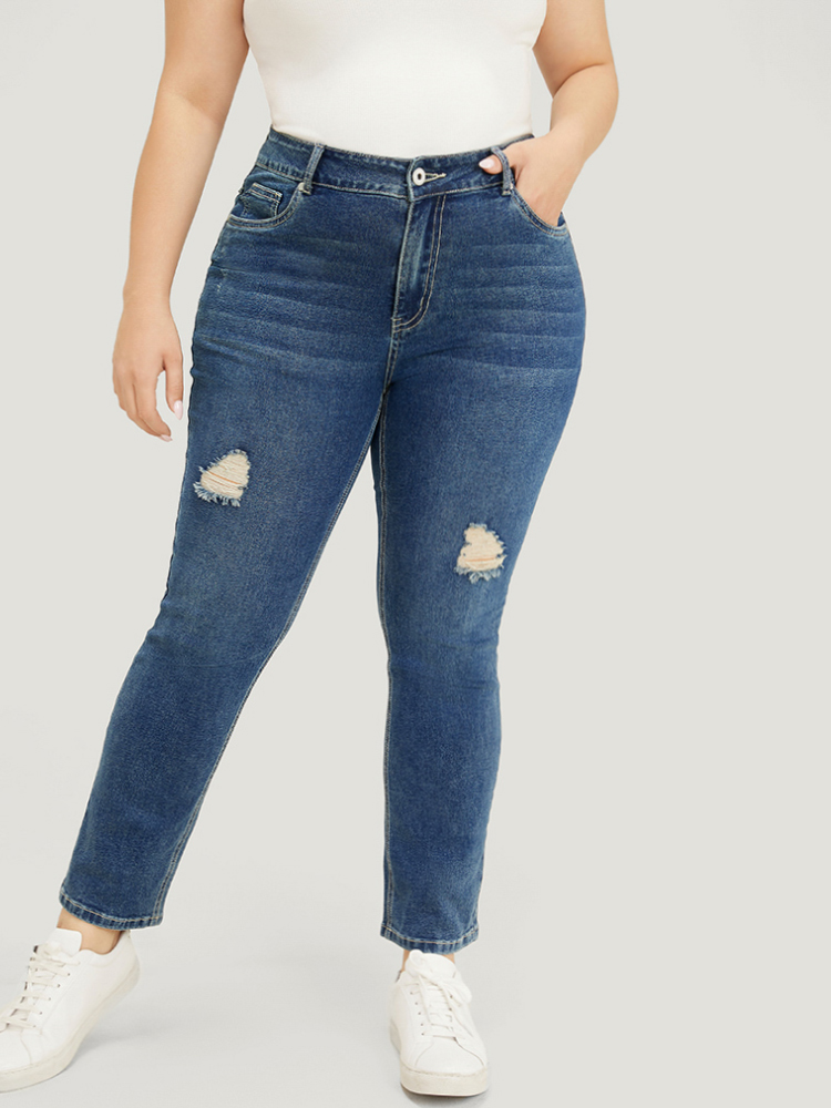 

Plus Size Straight Leg Very Stretchy High Rise Medium Wash Jeans Women Indigo Casual Plain Distressed High stretch Pocket Jeans BloomChic