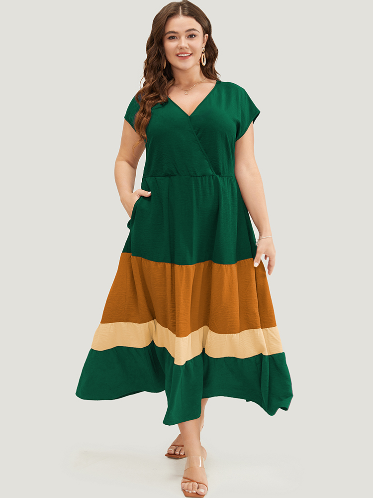 Plus Size Colorblock Contrast Pocket Wrap Flutter Tiered Tank Dress DarkGreen Women Casual Wrap V-neck Cap Sleeve Curvy Midi Dress BloomChic 18-20/2X 