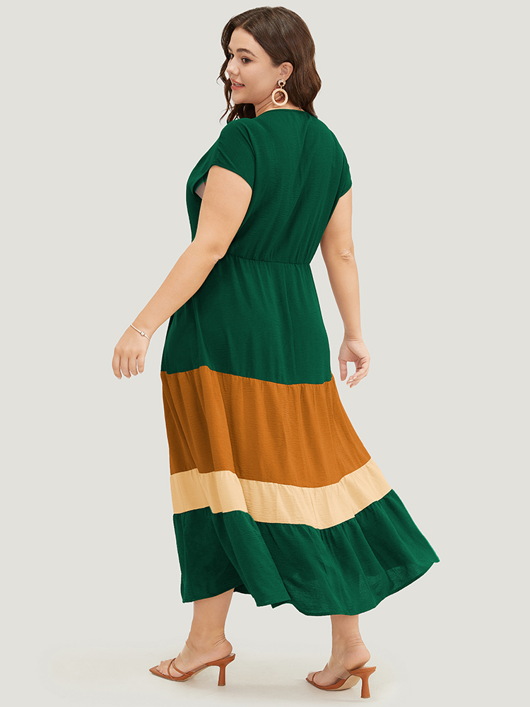 Plus Size Colorblock Contrast Pocket Wrap Flutter Tiered Tank Dress DarkGreen Women Casual Wrap V-neck Cap Sleeve Curvy Midi Dress BloomChic 18-20/2X 