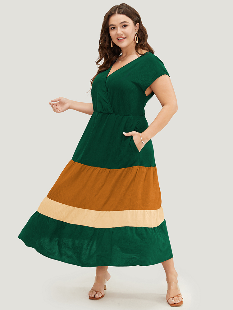 Plus Size Colorblock Contrast Pocket Wrap Flutter Tiered Tank Dress DarkGreen Women Casual Wrap V-neck Cap Sleeve Curvy Midi Dress BloomChic 18-20/2X 