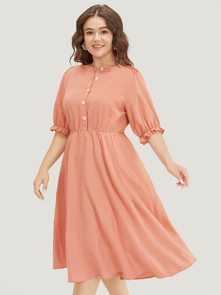 

Plus Size Plain Ruffles Pocket Button Up Puff Sleeve Pleated Dress Salmon Women Office Pleated Round Neck Short sleeve Curvy Midi Dress BloomChic