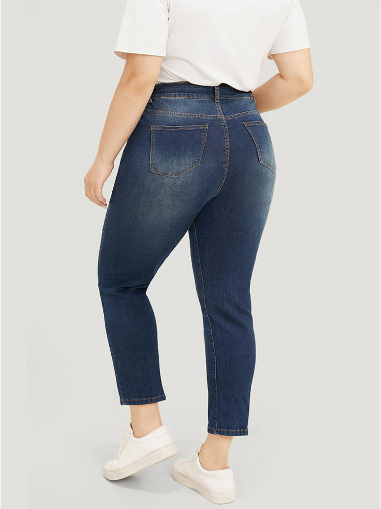 

Plus Size Very Stretchy High Rise Dark Wash Cut Out Jeans Women DarkBlue Casual Plain Roll Hem High stretch Slanted pocket Jeans BloomChic