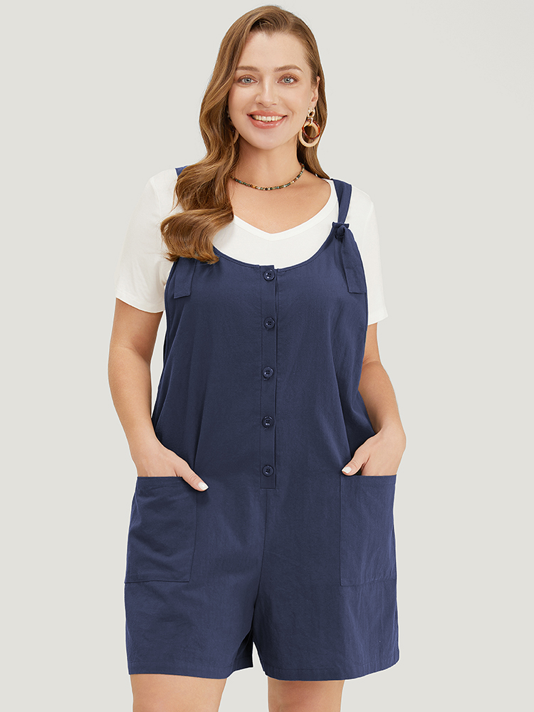 

Plus Size Navy Solid Pocket Button Detail Knot Shoulder Overall Romper Women Casual Sleeveless Tie Neck Dailywear Loose Jumpsuits BloomChic