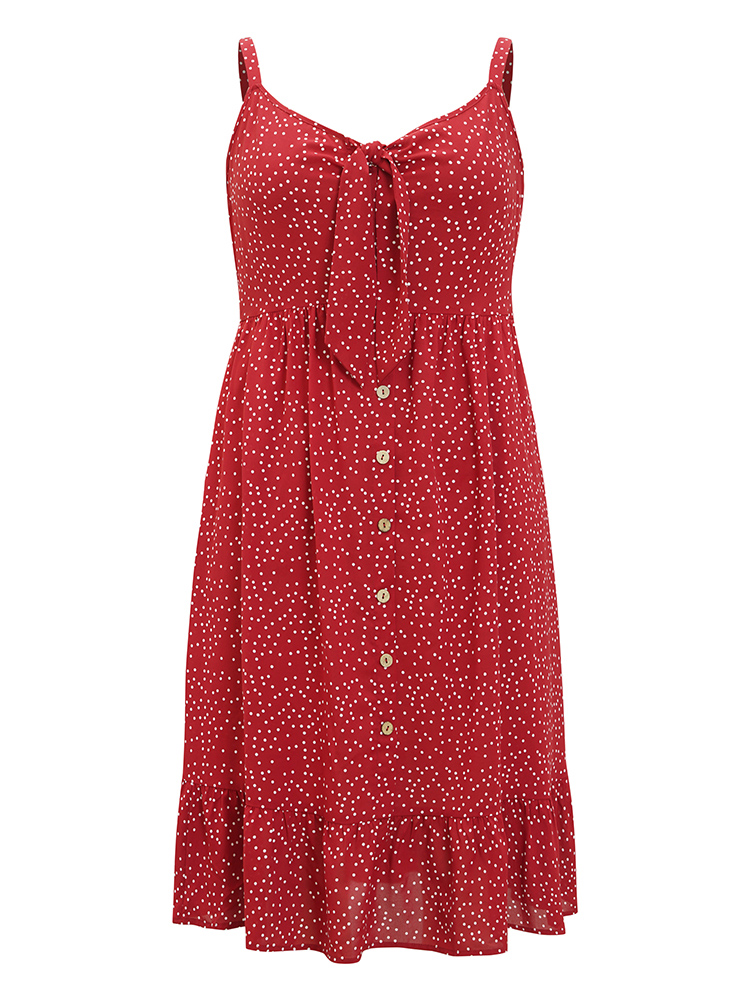 

Plus Size Polka Dot Button Detail Knotted Pocket Cami Dress Crimson Women Elegant Adjustable Straps Spaghetti Strap Sleeveless Curvy Knee Dress BloomChic