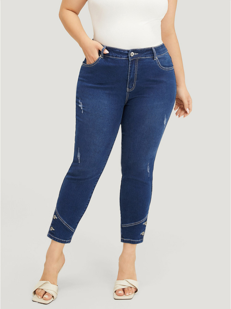 

Plus Size Very Stretchy High Rise Dark Wash Button Hem Jeans Women Indigo Casual Plain Button High stretch Pocket Jeans BloomChic