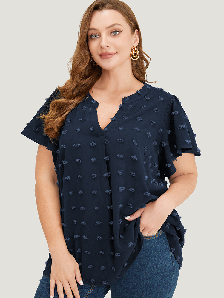 

Plus Size Indigo Polka Dot Notched Neck Flutter Sleeve Blouse Women Office Short sleeve Notched collar Dailywear Blouses BloomChic