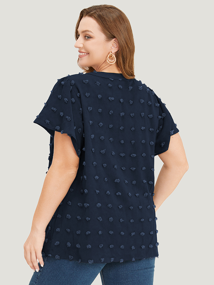 Plus Size Indigo Polka Dot Notched Neck Flutter Sleeve Blouse Women Office Short sleeve Notched collar Dailywear Blouses BloomChic 14-16/1X 