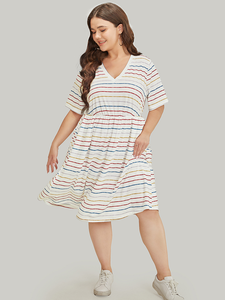 Plus Size Rainbow Striped V Neck Pocket Contrast Midi Dress Multicolor Women Casual Lined V-neck Short sleeve Curvy Midi Dress BloomChic 14-16/1X 