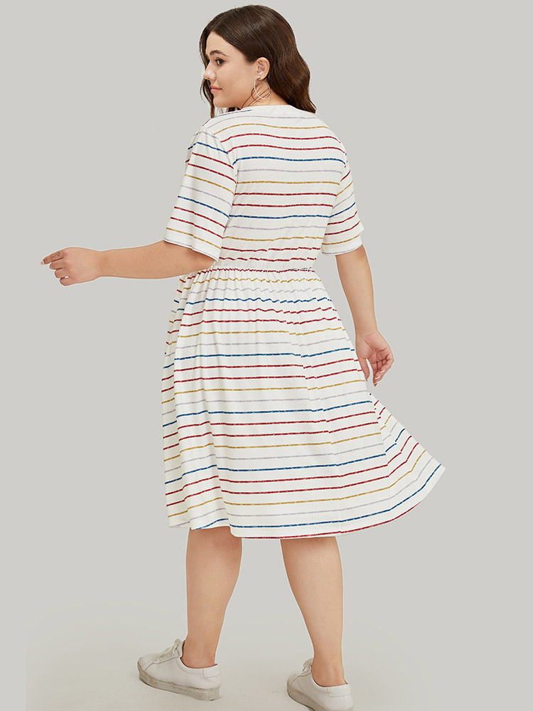 Plus Size Rainbow Striped V Neck Pocket Contrast Midi Dress Multicolor Women Casual Lined V-neck Short sleeve Curvy Midi Dress BloomChic 14-16/1X 