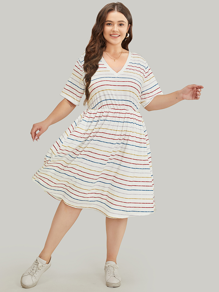 Plus Size Rainbow Striped V Neck Pocket Contrast Midi Dress Multicolor Women Casual Lined V-neck Short sleeve Curvy Midi Dress BloomChic 14-16/1X 