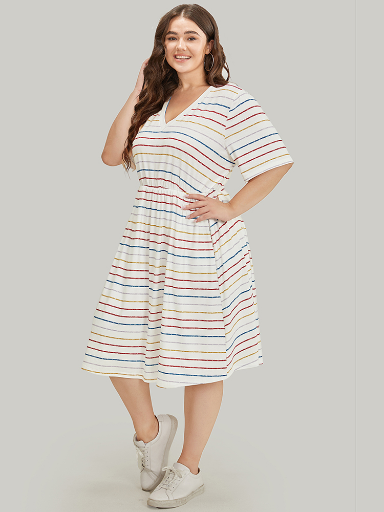 Plus Size Rainbow Striped V Neck Pocket Contrast Midi Dress Multicolor Women Casual Lined V-neck Short sleeve Curvy Midi Dress BloomChic 14-16/1X 