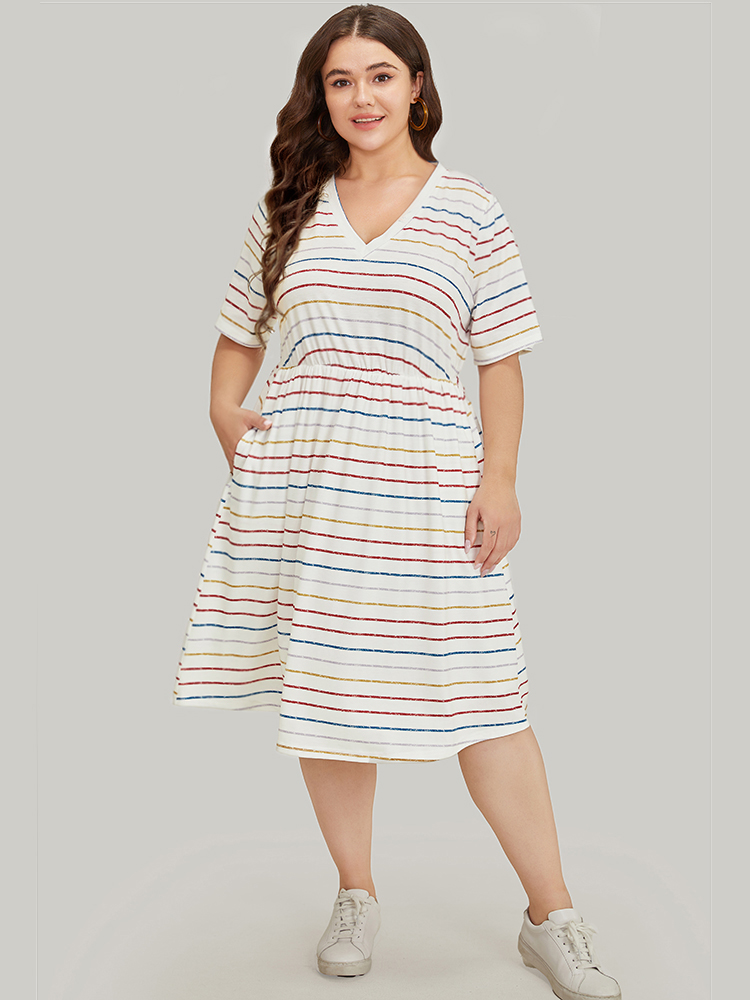 Plus Size Rainbow Striped V Neck Pocket Contrast Midi Dress Multicolor Women Casual Lined V-neck Short sleeve Curvy Midi Dress BloomChic 14-16/1X 