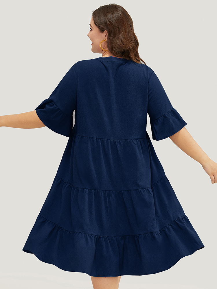 

Plus Size Solid Button Detail Pocket Ruffle Tiered Bell Sleeve Midi Dress DarkBlue Women Vacation Stand-up collar Half Sleeve Curvy Knee Dress BloomChic