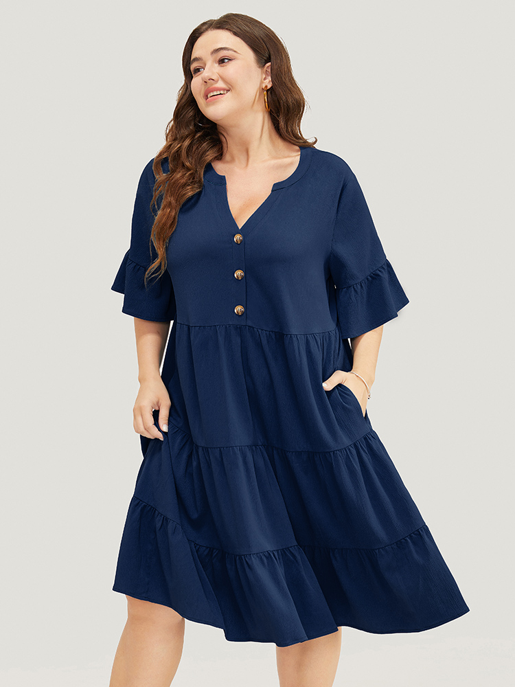 Plus Size Solid Button Detail Pocket Ruffle Tiered Bell Sleeve Midi Dress DarkBlue Women Vacation Stand-up collar Half Sleeve Curvy Knee Dress BloomChic 18-20/2X 