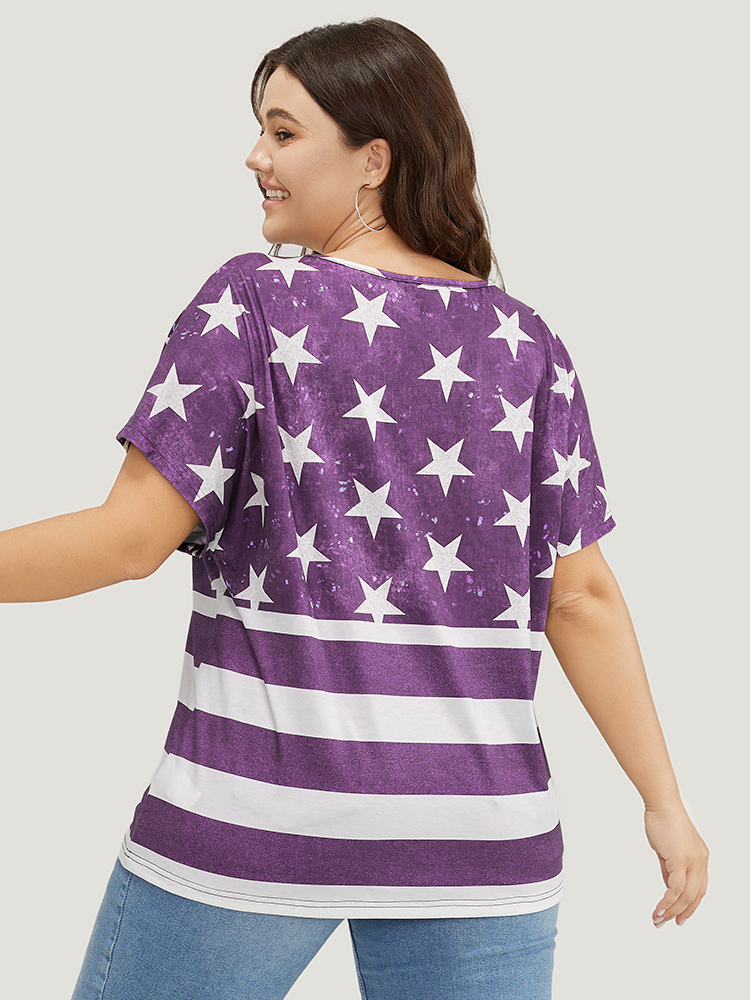 

Plus Size Star & Striped Print Batwing Sleeve T-shirt Purple Women Casual Moon and Star V-neck Everyday T-shirts BloomChic