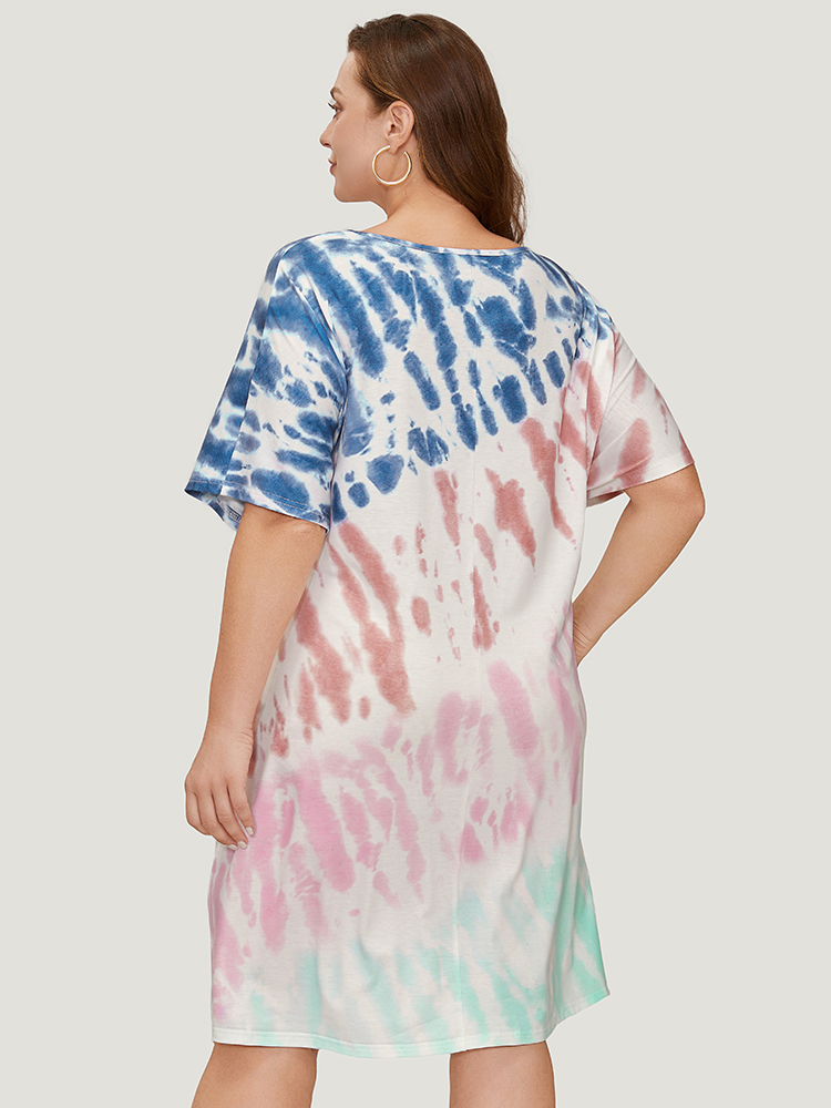 Plus Size Women Dailywear Tie Dye Knotted Dolman Sleeve Short sleeve Round Neck Pocket Belt Casual Dresses BloomChic 