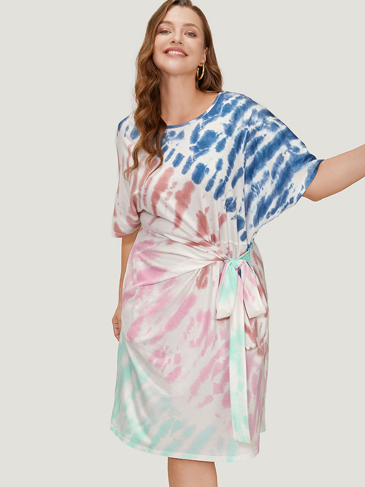 Plus Size Women Dailywear Tie Dye Knotted Dolman Sleeve Short sleeve Round Neck Pocket Belt Casual Dresses BloomChic 