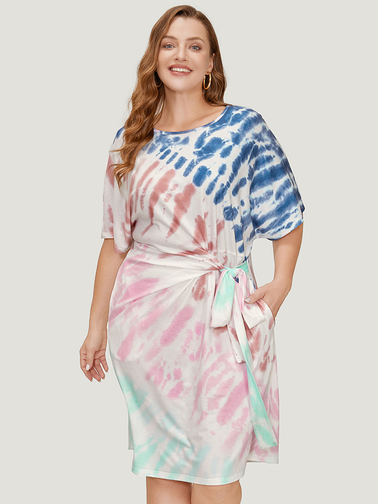 Plus Size Women Dailywear Tie Dye Knotted Dolman Sleeve Short sleeve Round Neck Pocket Belt Casual Dresses BloomChic 