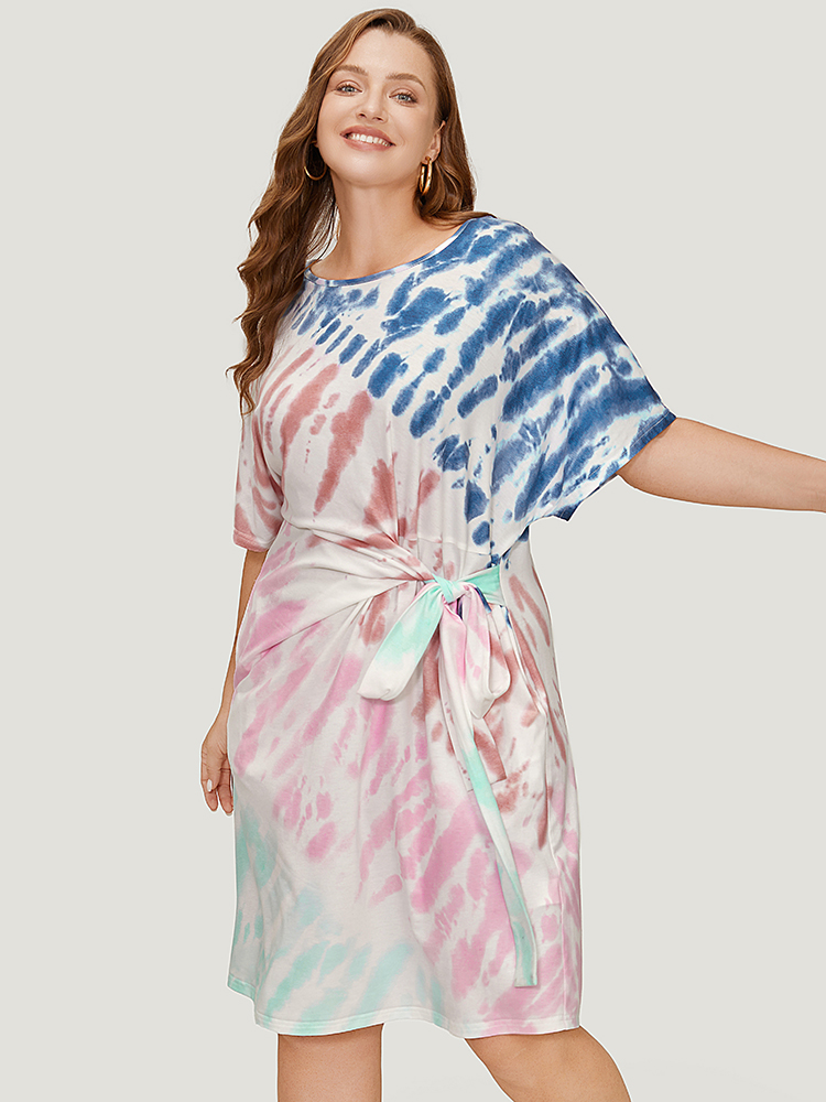 Plus Size Women Dailywear Tie Dye Knotted Dolman Sleeve Short sleeve Round Neck Pocket Belt Casual Dresses BloomChic 