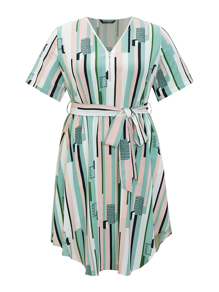 Plus Size Women Work Geometric Lined Regular Sleeve Short sleeve V-neck Pocket Belt Office Dresses BloomChic 