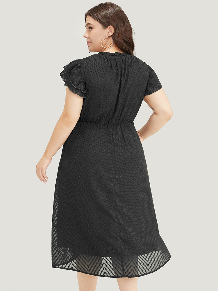 

Plus Size Plain Geometric Layered Sleeve Pocket Ruffle Mock Neck Dress Black Women Office See through Round Neck Cap Sleeve Curvy Midi Dress BloomChic