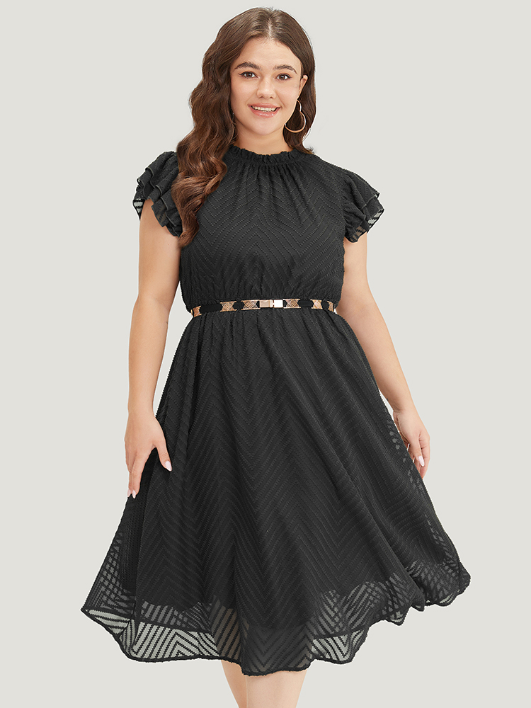 

Plus Size Plain Geometric Layered Sleeve Pocket Ruffle Mock Neck Dress Black Women Office See through Round Neck Cap Sleeve Curvy Midi Dress BloomChic